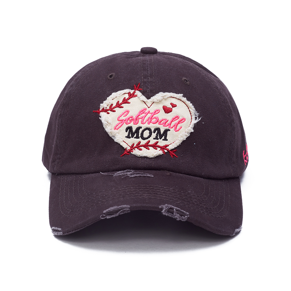 Wholesale Dark Brown Baseball Hats with Heart Patch & Frayed Edge