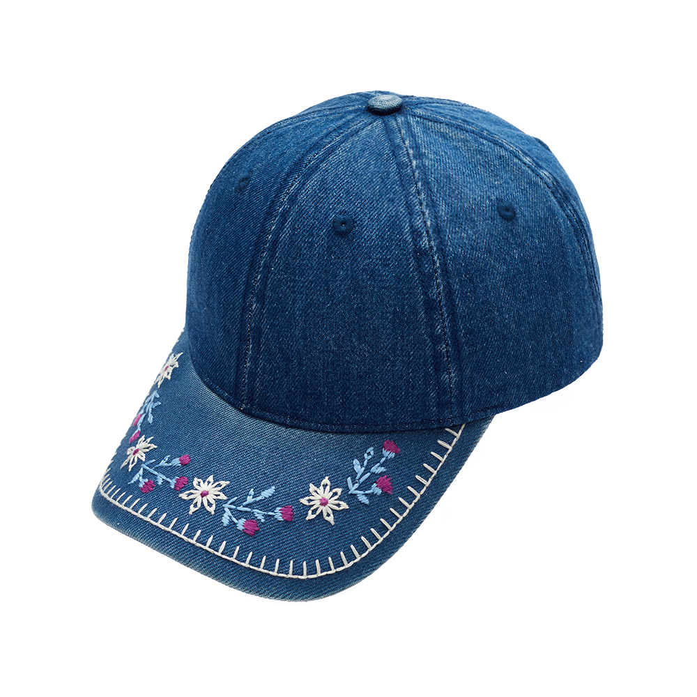 Custom Denim Baseball Cap with Floral Embroidered