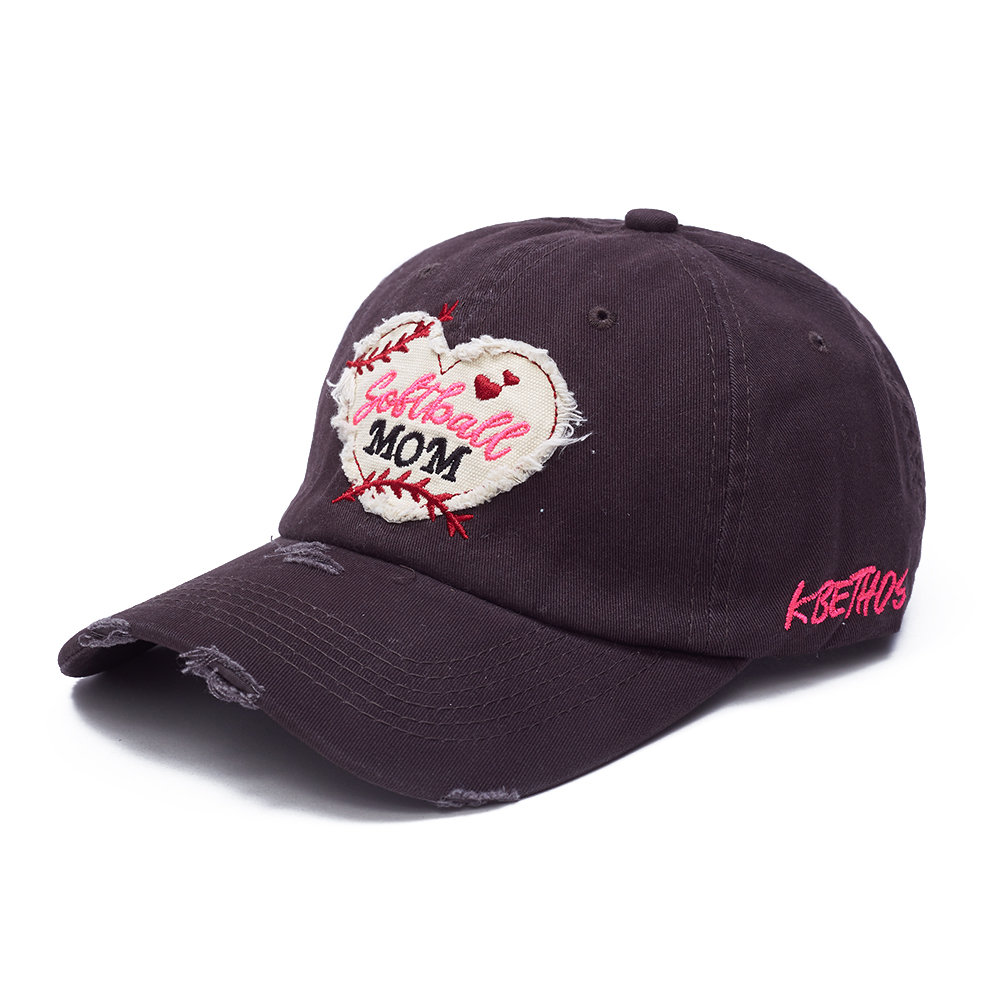 Wholesale Dark Brown Baseball Hats with Heart Patch & Frayed Edge