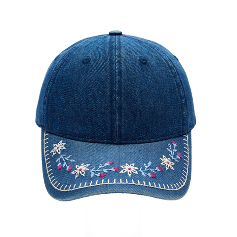 Custom Denim Baseball Cap with Floral Embroidered