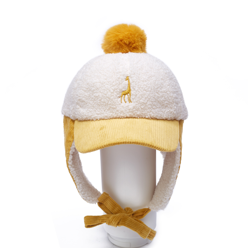 Wholesale Custom Cute Kids Plush Ear Flap Hats with Giraffe Embroidery